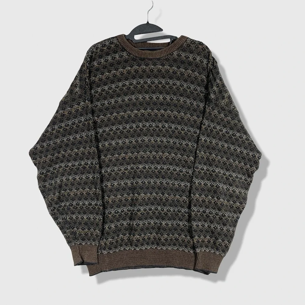 TSR Crewneck Sweater Mens XL Brown Geometric Knit Hip Hop 90s Vintage Grandpa